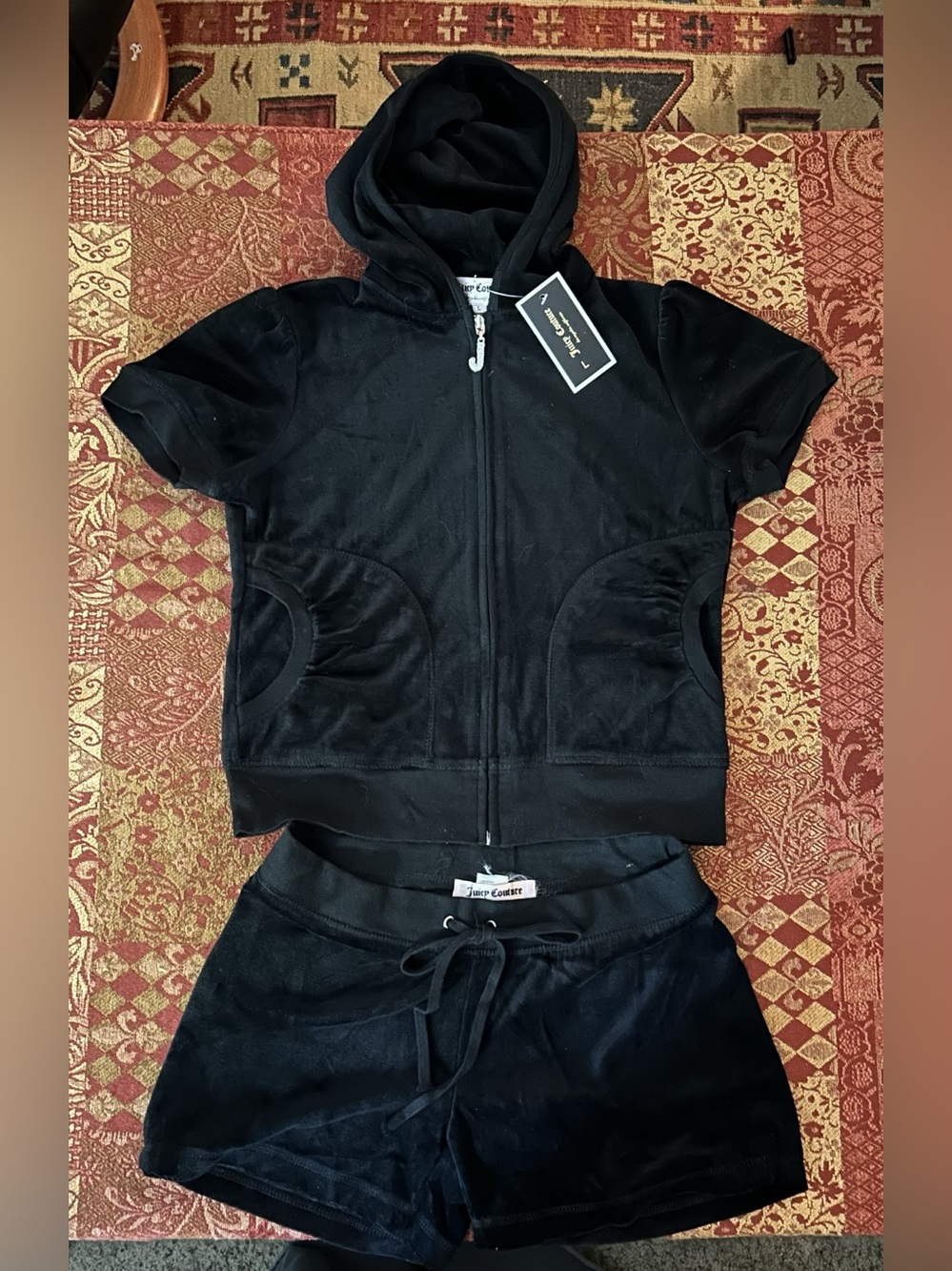 Juicy Black Velour Hoodie & Shorts Set